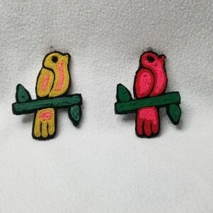Colorful Bird Ornament Pair - Pink and Yellow